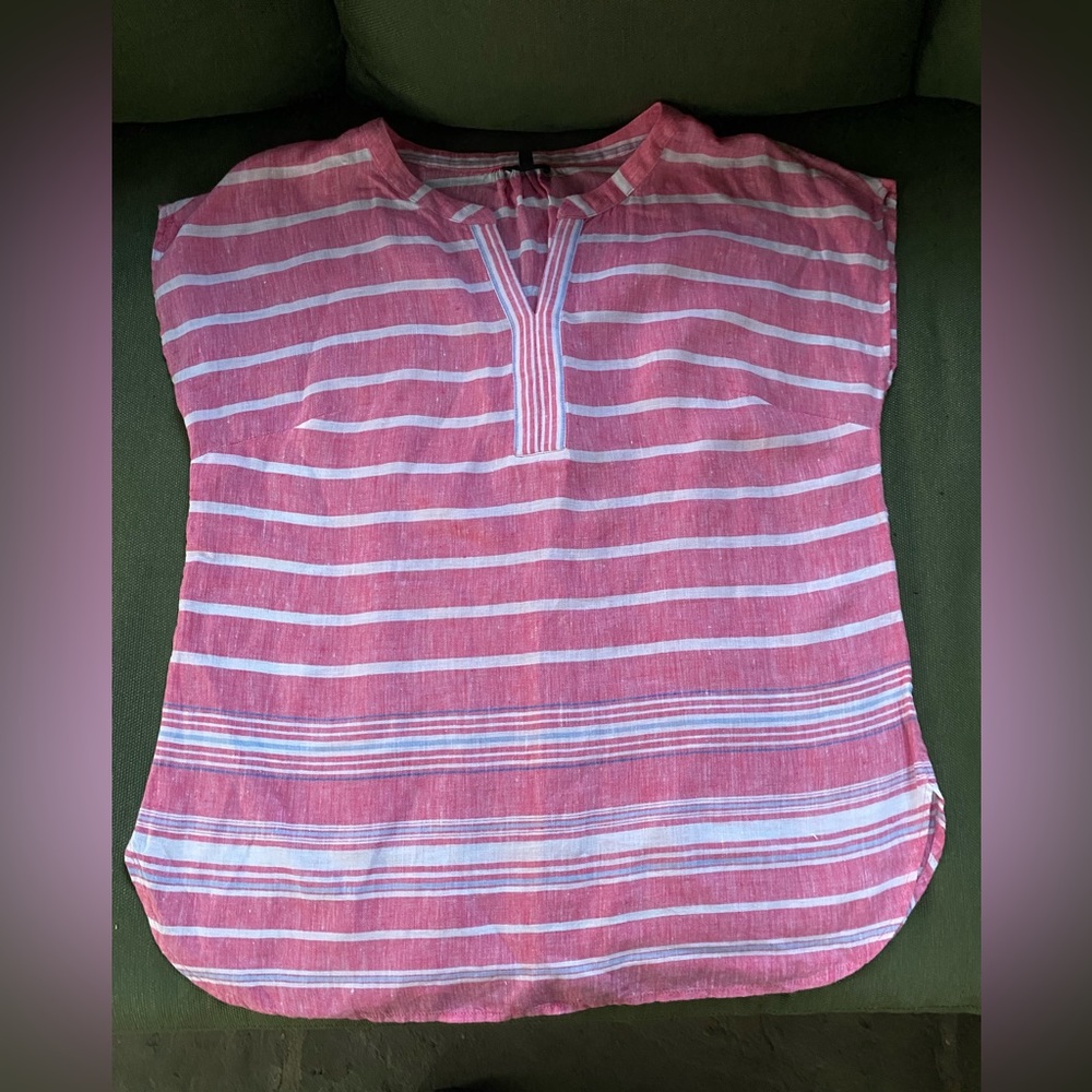 Talbots Linen Popover Top Pink Stripe Short Sleeve V Neck; Size: Medium - Picture 8 of 9